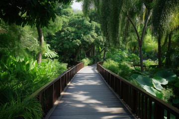 Fototapeta premium Wooden Pathway Through Dense Tropical Forest.