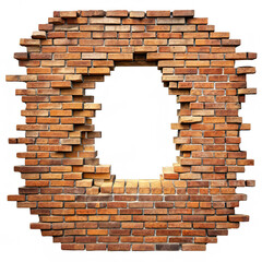 A big round hole appears in a brick wall showcasing the detailed texture of the bricks around the opening emphasizing a unique design and art scale