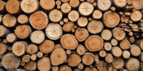 Natural pile of wood logs background arranged in a symmetrical stack. Highlighting organic patterns. Perfect for industrial and decorative use