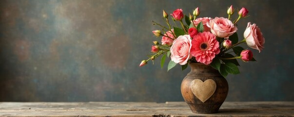 Floral arrangement in a rustic wooden vase with a heart-shaped decorative piece, elegant, rustic