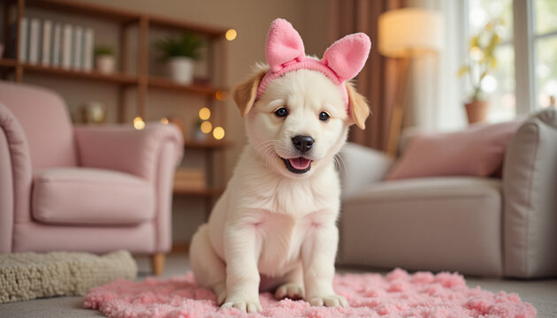 Adorable cachorro con orejas de gato rosas en una sala de estar acogedora, D&iacute;a de San Valent&iacute;n