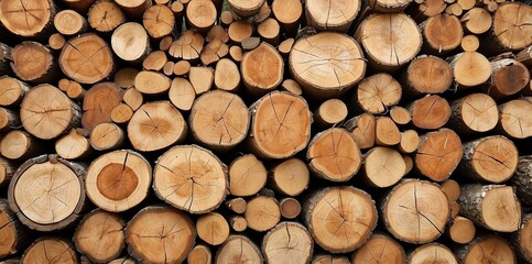 Natural pile of wood logs background arranged in a symmetrical stack. Highlighting organic patterns. Perfect for industrial and decorative use