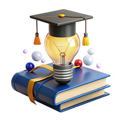 A graduation cap rests atop a light bulb illuminated above a book symbolizing the fusion of knowledge and creativity in learning and education