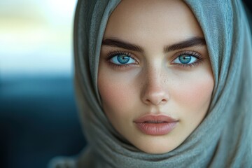 Fototapeta premium A close-up portrait of a woman in a hijab with striking blue eyes.