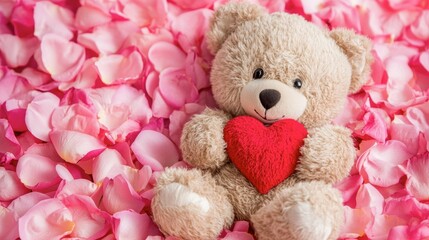 A cute teddy bear holding a red heart, symbolizing love and affection, sitting on a bed of pink rose petals.