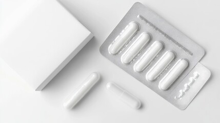 White medicine capsules and packaging on a white surface