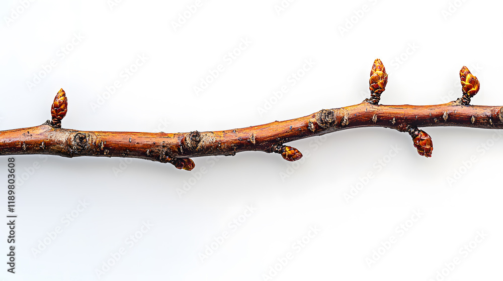 Poster close-up of a tree branch with several small buds, isolated on a white background. the branch is bro