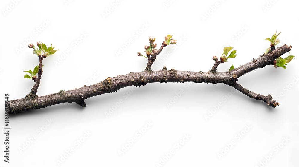 Poster a rustic branch with delicate, budding leaves isolated on a pristine white background. perfect for s
