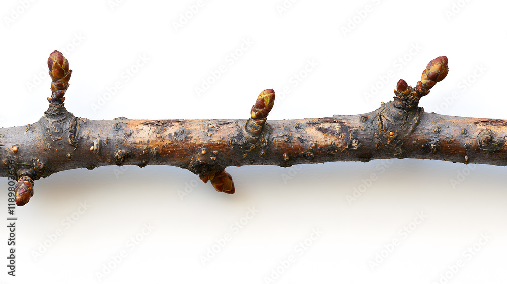 Poster close-up of a tree branch with several buds, isolated on a white background. the branch shows signs 