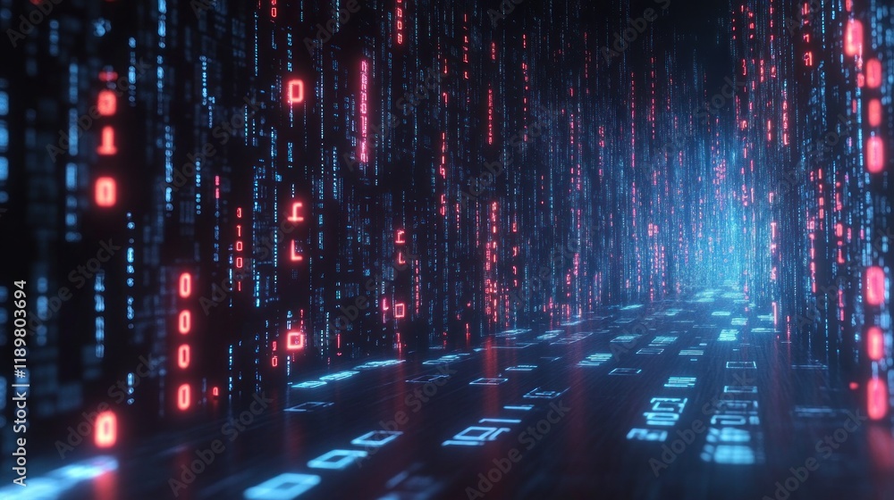 Poster futuristic digital landscape with binary codes and ambient lighting in cyberpunk style