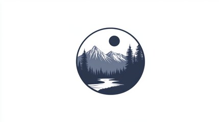 Night mountain river scene logo design, moonlit forest