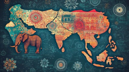 South Asia map, elephant, patterned design, travel, background patterns, education