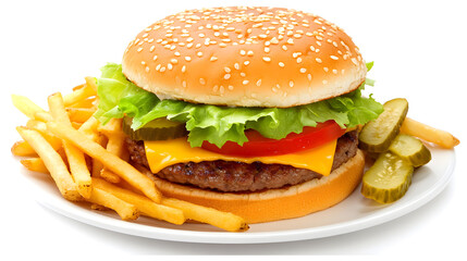 Juicy cheeseburger on a sesame seed bun with lettuce, tomato, cheese, pickles, and a side of golden french fries. A classic fast food meal.