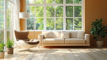 A modern villa living room showcases a relaxed design with beige furniture, bright walls, and hardwood flooring.