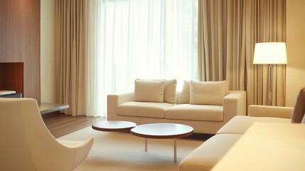 A modern villa living room showcases a relaxed design with beige furniture, bright walls, and hardwood flooring.