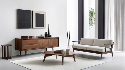 A modern white living room featuring a product display desk and a dresser.