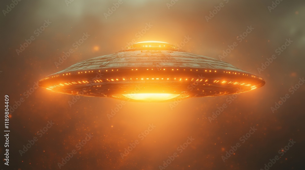 Poster a glowing ufo hovering in a misty atmosphere.