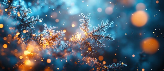 Frosty branch, bokeh lights, winter card
