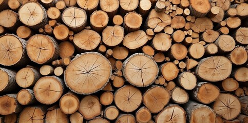 Natural pile of wood logs background arranged in a symmetrical stack. Highlighting organic patterns. Perfect for industrial and decorative use