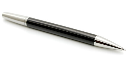 Sleek black pen with silver accents isolated on a white background.  Perfect for business or professional contexts. High-quality image showcasing the pen's details.