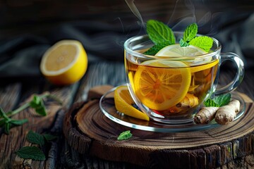 Ginger Tea with Lemon and Mint in Glass Cup at Old Wooden Board in Rustic Style