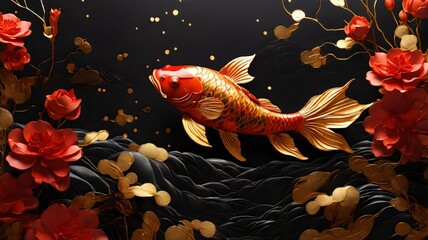 Epic Chinese New Year Wallpaper with Dragons, Koi Fish, and Asian Culture in Vibrant Red and Gold Tones