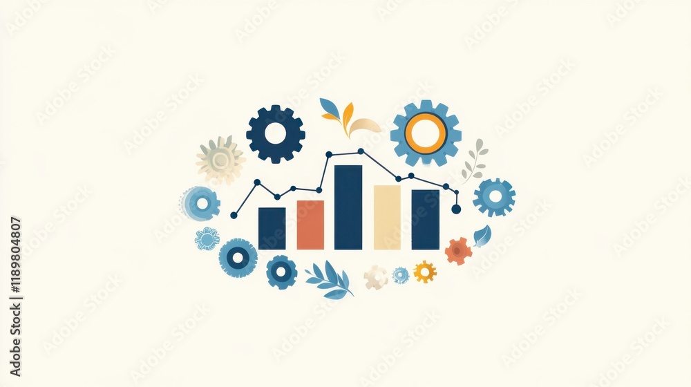 Poster a graph surrounded by gears and machinery, symbolizing industrial analytics and engineering data.
