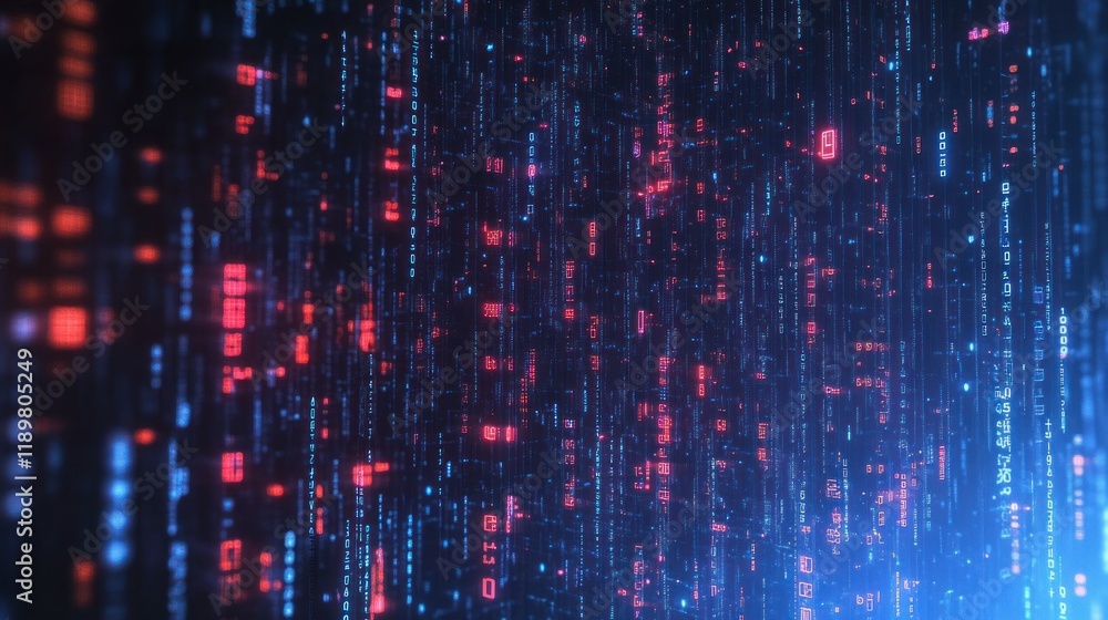 Poster futuristic digital landscape with neon blue and red binary code in high-tech cyberpunk style