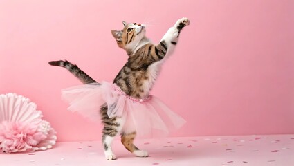 Fototapeta premium Adorable Cat in a Pink Tutu Posing Gracefully Against a Pink Background, Perfect for Cute Animal Themes, Pet Fashion, Ballet-Inspired Concepts, Social Media Campaigns, and Whimsical Designs