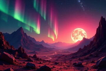 Glowing aurora on Mars horizon with towering mountains, barren, galaxy