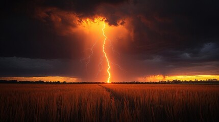 Obraz premium Fiery Lightning Strike over Golden Wheat Field at Sunset