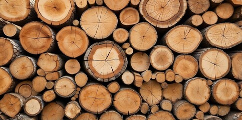 Natural pile of wood logs background arranged in a symmetrical stack. Highlighting organic patterns. Perfect for industrial and decorative use