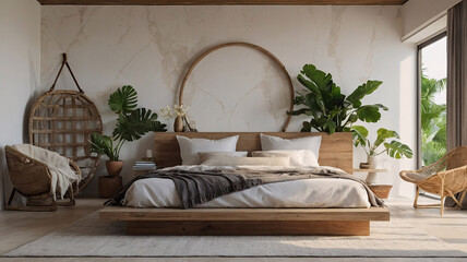Cozy boho inspired bedroom with a comfortable bed woven bamboo furniture and green plants set in a beige atmosphere Bohemian Style Interior Design Stock Photo Inspiration