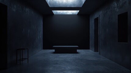 A photo studio featuring a black backdrop, professional lighting, and concrete flooring, designed to create a dark, atmospheric photography concept.