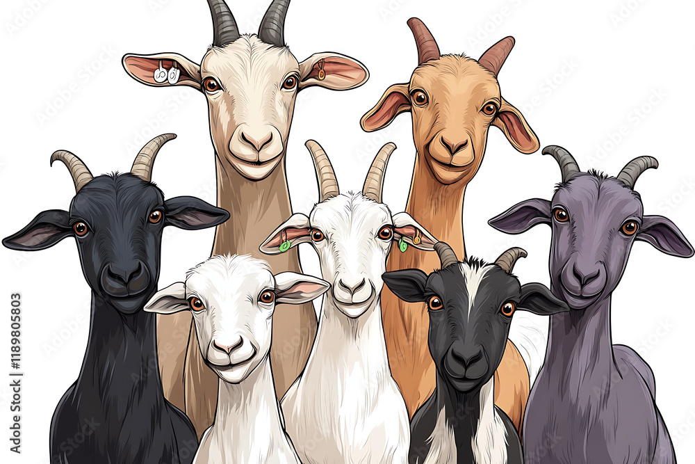 Poster a group of eight cartoon-style goats with various colors and expressions.
