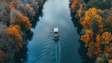 Fototapeta premium A serene river scene with a boat navigating through vibrant autumn foliage.