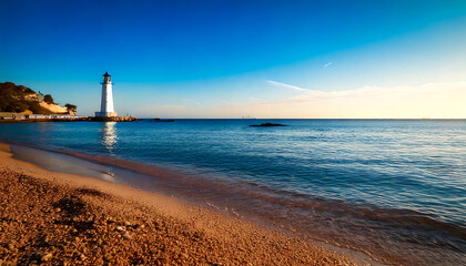 青い波と灯台が映える静かな海岸の風景　AI生成