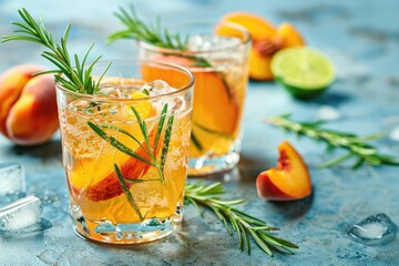 Peach Cocktail, Fizz, Ice Tea with Fresh Rosemary and Lime Blue Background Copy Space