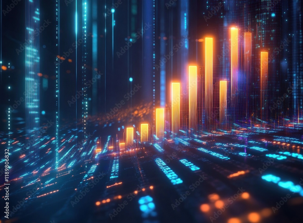 Poster futuristic digital landscape with glowing financial graphs and data streams in cyberpunk style