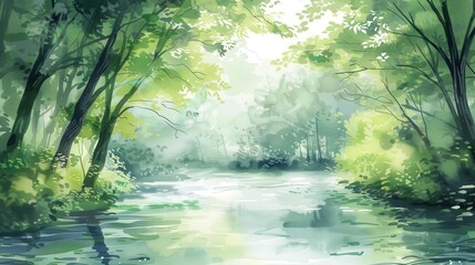 Obraz premium A serene riverside scene with lush greenery and soft light filtering through trees.