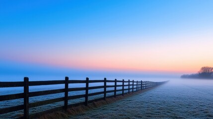 Fototapeta premium Serene Morning Landscape with Fog and Wooden Fence at Sunrise
