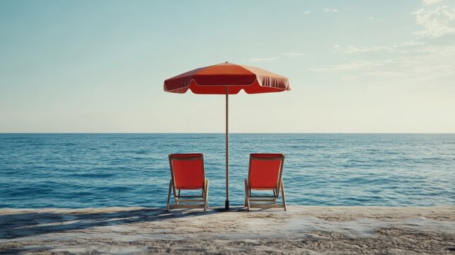 A romantic couple's getaway concept, with two chairs facing the ocean under a red beach umbrella.