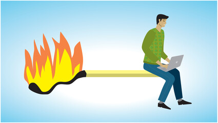 Stressful deadline. Man with laptop sitting on burning match stick trying to hold timeline. Dimension 16:9. Vector illustration.