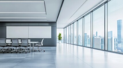 A sleek and modern office interior featuring a meeting area and coworking space adjacent to large windows.