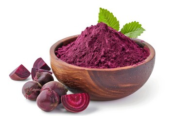 Beetroot Beet Root Powder in Wooden Bowl with Fresh Fruit Isolated on White Background