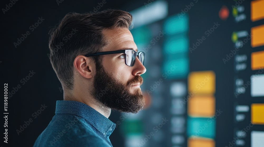 Poster profile of a thoughtful professional analyzing data on transparent screen