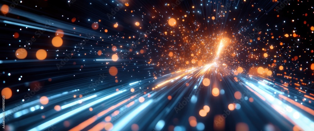 Poster Futuristic 3D Rendering of Hyperloop Speed in a Mega City at Night with Vibrant Light Trails and Neon Colors