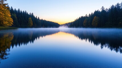 Obraz premium Serene Sunrise Over Calm Lake Amidst Misty Forest Landscape