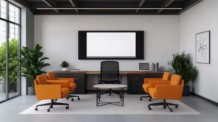 Modern Office Interior with Orange Chairs and Sleek Design Elements
