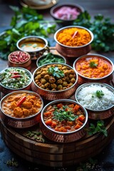 Fototapeta premium Several bowls of different types of food are arranged on a wooden tray, indian food, food background, vertical background